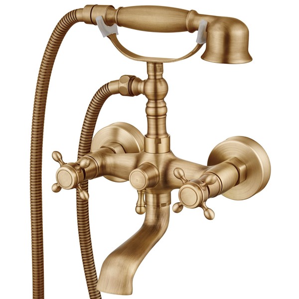 Aolemi Wall Mount Bathtub Faucet with Handheld Sprayer Antique Brass Tub Shower Faucet Vintage Double Cross Handle Swivel Spout Mixer Tap for Bathroom Telephone Shaped Shower Kit