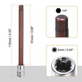 sourcing map 6mm Hex Bit Socket 1/4" Drive SAE S2 Steel Square Drive Socket Extension Impact Bit Socket Ratchet Wrench Accessories for Turns Power Drill Into Nut Driver