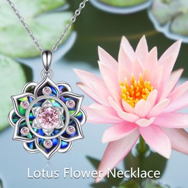AXOMY Lotus Necklace 925 Sterling Silver Birthstone Abalone Shell Pendant Necklace Birthday Yoga Lotus Jewelry Mothers Gifts for Women Mom Grandma(Oct)