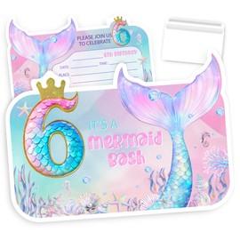 VAVINCI Mermaid Birthday Invitations, 6th Birthday for Girls Kids, Pink Mermaid Pool Party Invites, 30 Sets with Envelopes