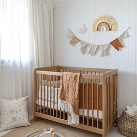 Boho Rainbow Nursery Wall Decor Handmade Woven Macrame Wall Hanging Art with Wood Bead Straw Neutral Decoration for Girls Kids Toddler Bedroom Baby Shower