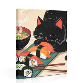 Funny Cat Canvas Wall Art, Vintage Japanese Cat Eating Sushi Framed Art Paintings Wall Decor Unique Gifts And Animal Lover Prints Picture for Living Room Dining Room Kitchen Farmhouse Decor 11.5x15In
