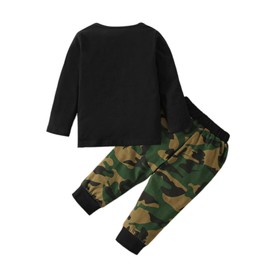 BOVOSHA Baby Boys Clothes Set Kids Letter Print Long Sleeve T Shirts + Camouflage Pants Toddler Outfit 2PC (Black, 18-24M)