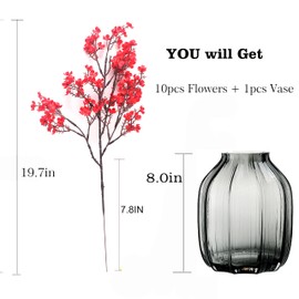 JAKY-Global 10pcs Babys Breath Artificial Flowers with Vase Gypsophila Bouquet Bulk Fake Spring Silk Flowers Real Touch Faux Floral for Home Bedroom Kitchen Garden Wedding Christmas DIY Decor (Red)