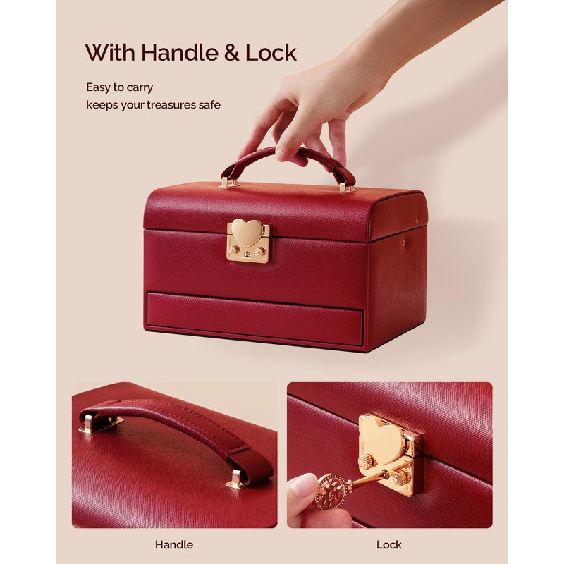 CASEGRACE Jewelry Box,3 Layers Leather Jewelry Storage Box with Lock,