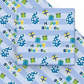 WRAPAHOLIC 6th Birthday Wrapping Paper Sheet - 6 Sheets Blue Happy Birthday with Gift Box Design Folded Flat for Birthday, Party, Baby Showers - 19.7 Inch X 27.5 Inch Per Sheet