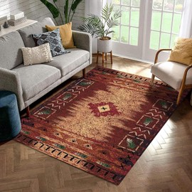 Southwestern Tribal Rug, Rustic Western Aztec Area Carpet for Living Room, Bedroom or Cabin – Washable, Non-Slip, Fade-Resistant, Pet-Friendly, Earth Tone Floor Mat for Home Decor 4x6 ft