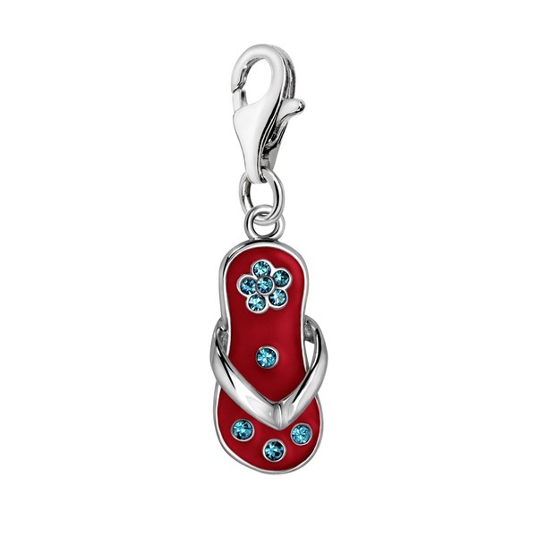 Quiges 925 Sterling Silver Blue CZ and Red Enamel Flower