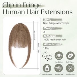 Clip in Fringe Human Hair Light Brown Bangs Fringe Clip in Hair Extensions Clip on Neat Fringe Remy Human Hair Extensions Short Hairpieces for Women Clip in Bangs Fringe