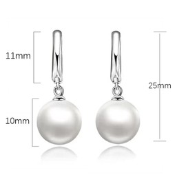 Qimily 18k White Gold Plated Silver Pearl Earrings Hypoallergenic Pearl Drop Earrings, Silver Pearl Earrings, Size 10mm Fine Jewelry for Women Ladies