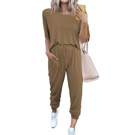 PRETTYGARDEN Women's Two Piece Lounge Sets 2025 Spring Summer Jogger Pants Vacation Outfits Travel Airplane Matching Clothes (Dark Khaki,Small)