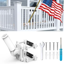 NO Drilling Flagpole Mount Fit for Balcony Railing - Flag Pole Holder Perfect for Porch & Fence - fit Round and Square Railing with Anti-Skid Silicone Patches - for 1 inch or thinner flagpole (White)