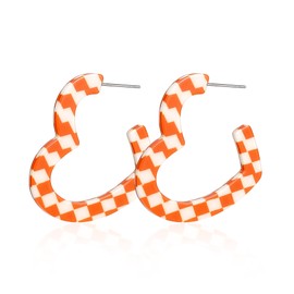 Vintage Minimalist 80s C Shaped Acrylic Dangle Earrings Lightweight Geometric Black White Plaid Hoop Earrings Colorful Chunky Big Earrings Statement Jewelry Gifts for Women-Orange2