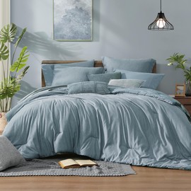 Monbix Queen Comforter Set - 7 Pieces Dusty Blue Cationic Dyeing Bed in a Bag Queen Bedding Sets with Sheets, Pillowcases & Shams, Reversible Bedding Comforters
