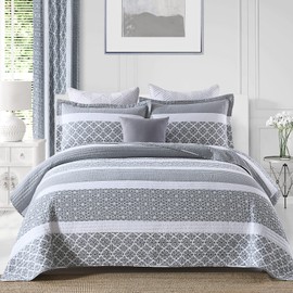 Finlonte King Quilt Set Striped Quilt, 100% Cotton King Size Quilt, Bluish Gray Lightweight King Quilt Bedding Set, All Season Floral Bedspread 3 Pieces