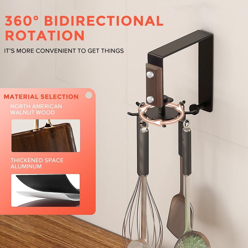 CAUSXIAOFA 8-Claw Hanging Pot Rack, Aluminum Walnut Wood, No Drill