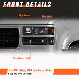 AXLAHA Headlight Assembly for 1994 1995 1996 1997 1998 GMC C10/Sierra/Suburban/Yukon w/Bumper & Corner Black Housing with Amber Reflector Headlamp Replacement Left and Right