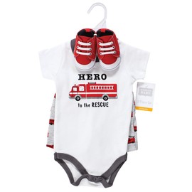 Hudson Baby baby boys Bodysuit, Hudson Unisex Cotton Bodysuit Shorts and Shoe Set Firetruck Hero 3 6 Months, Firetruck Hero, 3-6 Months US