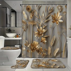 SOPIYRIO 4 Pcs Gorgeous Flower Shower Curtain Bathroom Set with Rugs, Rustic Golden Flower Plants Shower Curtain with 12 Hooks, Toilet Lid Cover and Bath Mat for Bathroom Decor Set