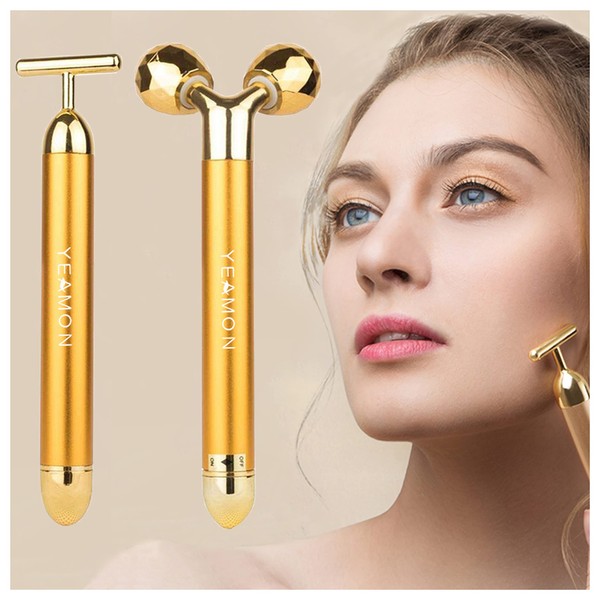 2 in 1 Face Massager Golden Facial Electric 3D Roller and T Shape Arm Eye Nose Massager Skin Care Tools