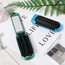 Mini Folding Compact Hair Brush with Mirror for Women and Girls, Massage and Pocket Comb for Travel, Gym, Purse, Swimming (Blue & Green)