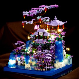 APENGBAOL Cherry Blossom Tree House Micro Mini Building Block Sets, Japanese Architecture Peach Blossom Pond Micro Bricks Building Kit with Light for Adults（2500+Pieces）