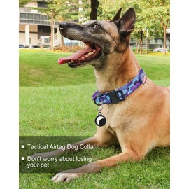 Hotsky Tactical Dog Collar, Adjustable Military Training Nylon Airtag Dog Collar with Handle and Heavy Duty Metal Buckle for Medium Large Dogs, with Airtag Holder and Two Patches（Purple Camo,L）