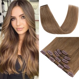 S-noilite Clip in Hair Extensions Real Human Hair,5Pcs Remy Natural Hair Extension Double Weft Thick Silky Seamless Clip in Hair Extensions for Women- #06 Light Brown-16 Inch(60g)