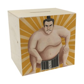 Sumoringer Wooden Money Box in Yellow Funny Wooden Money Box for Money Gifts A Piggy Bank with Funny Motif for Fans of Japanese Martial Arts