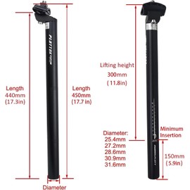 PLATTBK Bike Seat Post Extra Long 440mm (17.3inch) Aluminum Alloy Replacement Bicycle Seatpost 25.4/27.2/28.6/30.9/31.6mm for BMX Rock MTB Ebikes (31.6mm)
