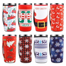 8 Pcs Christmas Reusable Iced Coffee Cup Sleeves Neoprene Sleeves Insulated Cup Cover Xmas Coffee Cup Sleeves Coffee Cup Covers for 30-32 oz Coffee Beverage Milk Cold Hot Drinks (Coffe Cup)