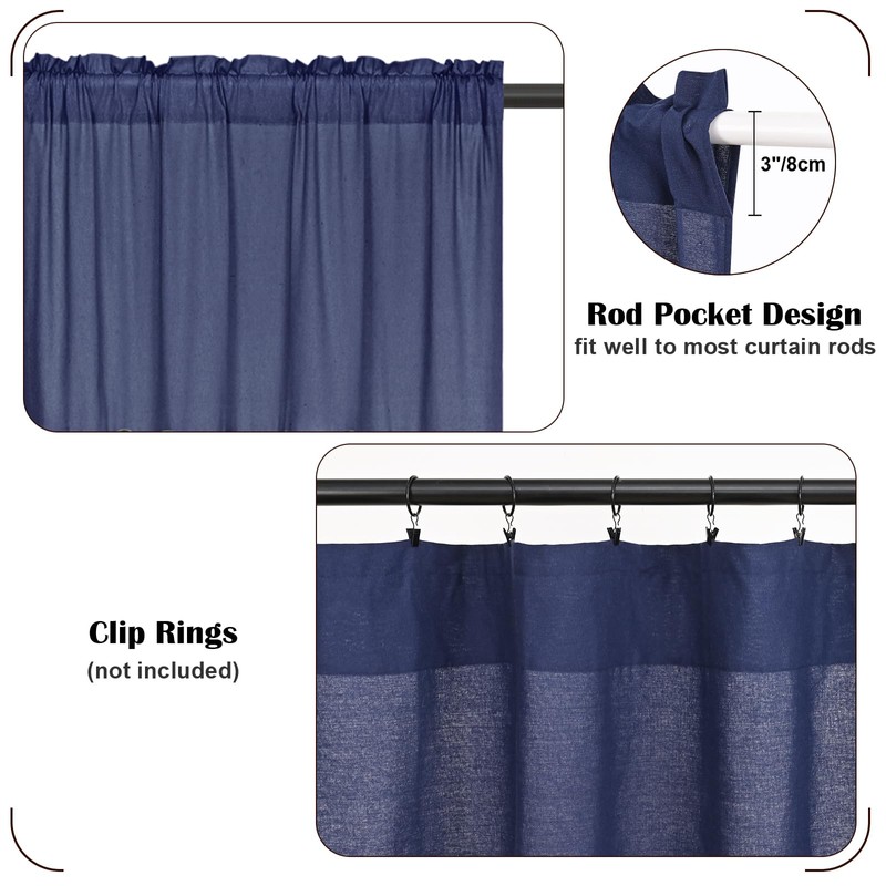 FRAMICS Farmhouse Valance Curtains, Boho Cotton Linen Kitchen Valances, Navy