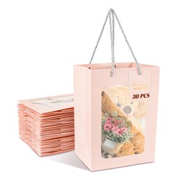 30 PCS Pink Gift Bags with Handles and Clear Window，7*5*9.8 Inch Medium Size Party Favor Tote Bags, Transparent Bouquet Gift Box for Bridal Party, Wedding, Shower, Present, Festival (30PCS, Pink)