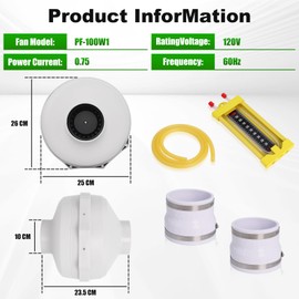 4 Inch Radon Fan Installation Kit, 260 CFM Radon Mitigation System Kit with Rubber Couplers (4 x 3 inch) and Air Pressure Indicator, IP67 Dust Centrifugal Fan for Indoor Outdoor