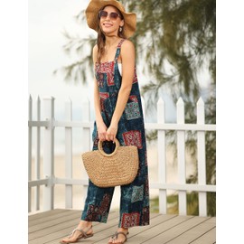 Himosyber Women's Patchwork Dual Pocket Jumpsuit Loose Floral Print Bohemian Wide Leg Bib Overall (#1TealBlue, S)