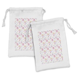 Ambesonne Girly Fabric Pouch Set of 2, Watercolor Style Hot Air Balloons with Butterflies Colorful Pattern, Small Drawstring Bag for Toiletries Masks and Favors, 9" x 6", Multicolor