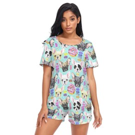 Ollabaky Pajama Set for Women Dog French Bulldog Puppy Pjs Set Short Sleeve Sleepwear Women's Lounge Pajama Set, L