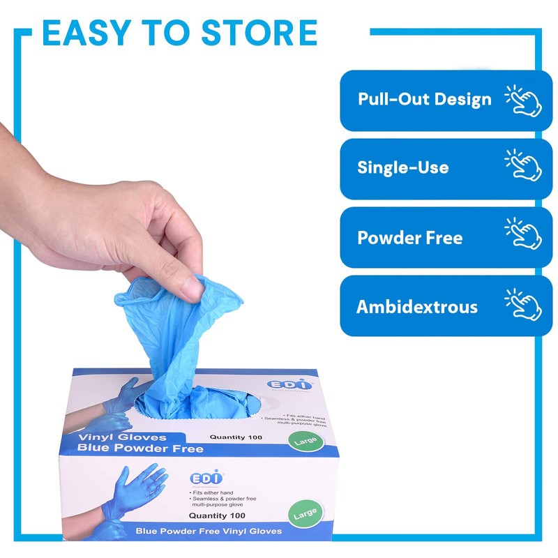 EDI Disposable Vinyl Gloves Medium, 100 pcs (Blue) - Powder-Free,