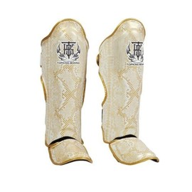 Top King New Pro Leather Shin Guards for Muay Thai, Super Snake White- Gold, Large