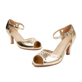 elerhythm Women's Mary Jane Vintage Ankle Strap Wingtip Peep Toe Brogue Gatsby Heels Retro 1950s Pumps 1920s Victorian Shoes, gold