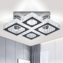 xychfantligh 22" Crystal Chandelier Square Crystal Ceiling Light Led Flush Mount Ceiling Lighting Modern Crystal 4 Lights Chandeliers for Living Room Bedroom Kitchen (Cool White)