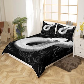 Castle Fairy Snake Comforter Cover Twin,Black Rose Flowers Rustic Duvet Cover with 1 Pillowcase,3D Coiled Snake White Reptile Boys Girls Soft Bed Cover,Kids Boys Girls Women Adults Modern Room Decor