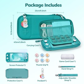 Younik Switch Lite Case, 14-in-1 Switch Lite Accessories with Switch Lite Bag, Clear Protective Case, Playing Card Case, 2 Screen Protectors, 6 Thumb Grips, Pendant, Turquoise Carry Case for Switch