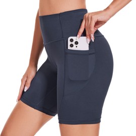 iniber - Pantalones Cortos de Ciclista para Mujer con Bolsillos, Cintura Alta de 8 Pulgadas, para Entrenamiento, Yoga, teñido Anudado, Suave, Elastano, atlético, para Bicicleta, Azul Oscuro, S