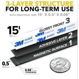 Flexible Magnetic Tape - 1/2inch x 15feet x Magnet Thickness 2mm, Adhesive Strip 9448 with Strong Self Adhesive - Ideal Magnetic Roll for Any Projects - Sticky Magnets for Fridge