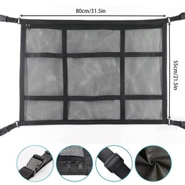 SUV Ceiling Cargo Net Pocket, Adjustable Double Large Car Ceiling Storage Net with 2 Seat Hooks, Mesh Car Roof Organizer Long Trip Storage Bag for SUV Long Trip Camping (Black)