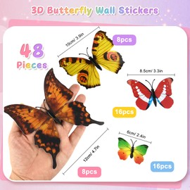 PLULON 48 PCS 3D Butterfly Wall Stickers Girls Bedroom Accessories Wall Butterflies for Kids Room Home Classroom Party Decorations (Multicolour)