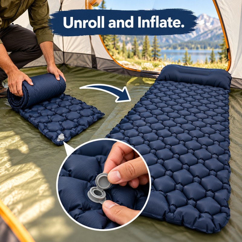 Inflatable Camping Sleeping Pad with Pillow – Self-Inflating Air Cushion
