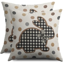 Smozenith Easter Pillow Covers 18X18 Set of 2, Brown Grey Plaid Bow Bunny Rabbit Dots Decorative Throw Pillow Covers Outdoor Farmhouse Holiday Decorations Cushion Cases Couch Sofa Bed Decor