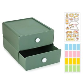 2 Pcs Desktop organizer Storage, Stackable Storage Boxes with 2 Plastic Drawers, Desk organizer Drawers with 2 Tabs, Small Office Storage for Stationery Supplies Makeup Dorm Bathroom (2 Green)